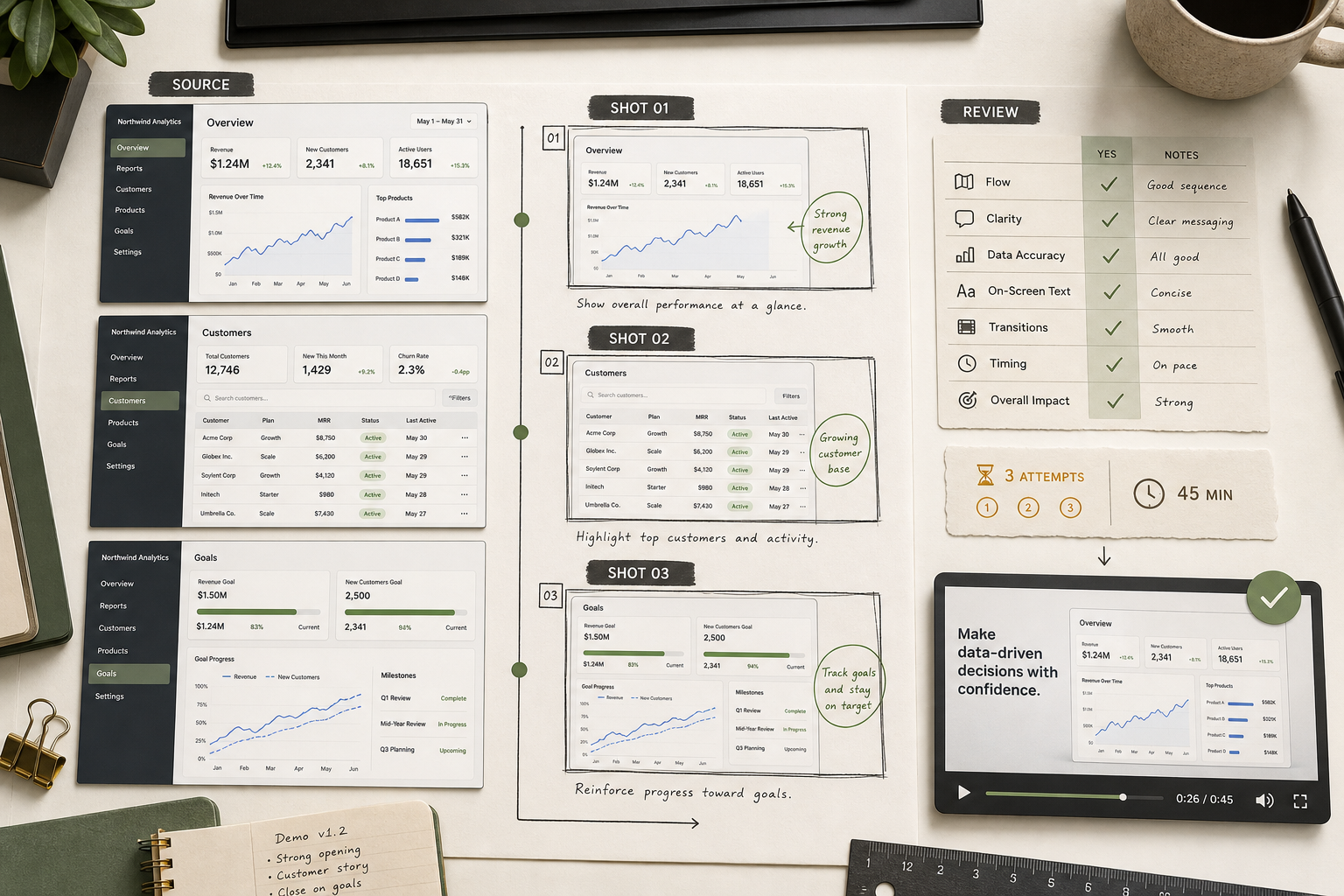 SaaS product demo workflow preview with filled planner, prompt matrix, review checklist, and cost worksheet.